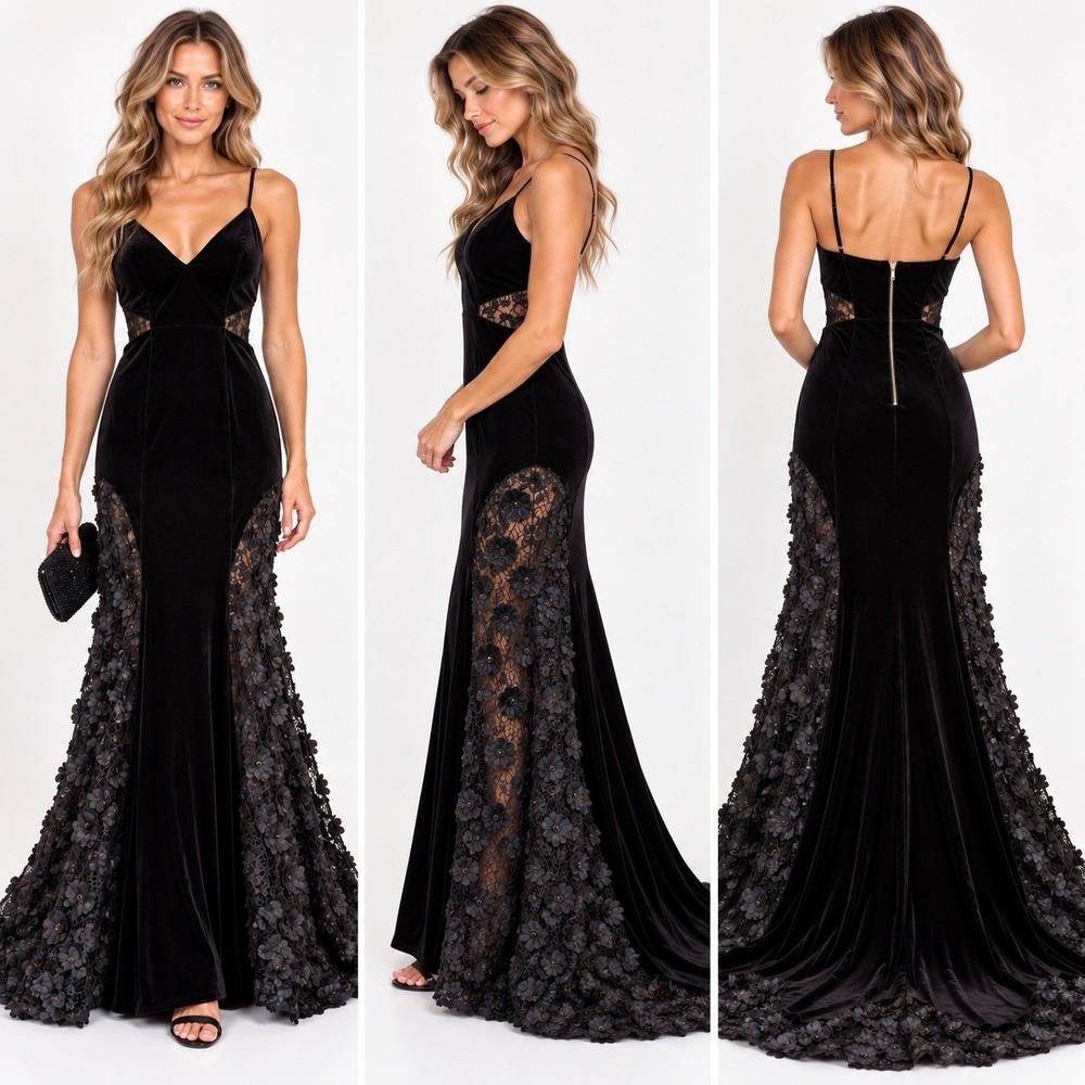 Betsy & Adam Black Velvet Mesh & Lace Illusion Formal Maxi Dress Formal Sz 4